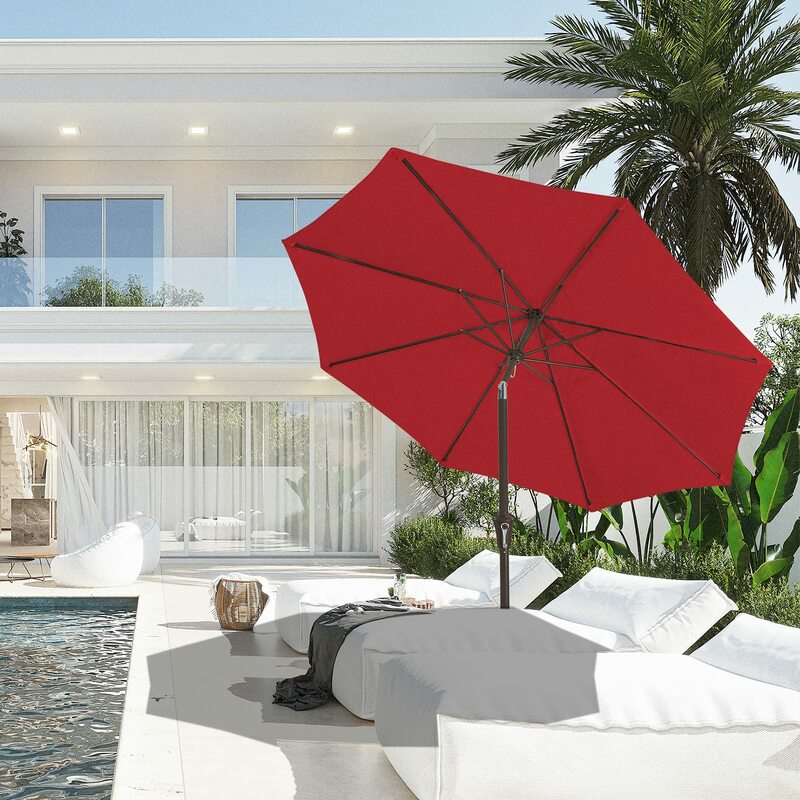 Payung meja luar ruangan, payung pasar 8 rusuk kuat pelindung UV tahan air untuk taman, merah 9 kaki