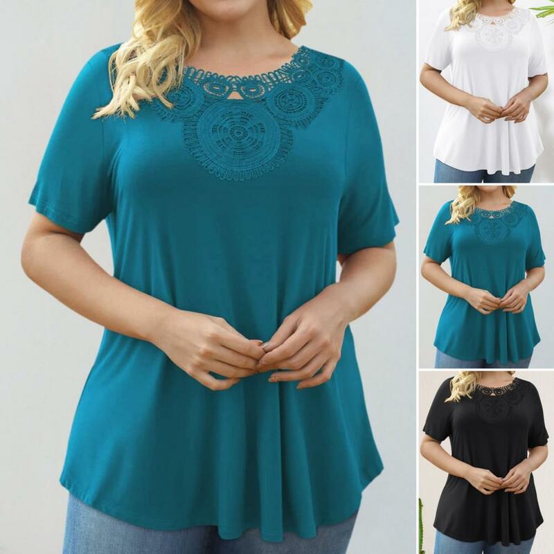 Women Summer T-shirt O-Neck Lace Hollow Splicing Short Sleeve Tee Shirt Solid Color Loose Fit Pullover Tops Streetwear
