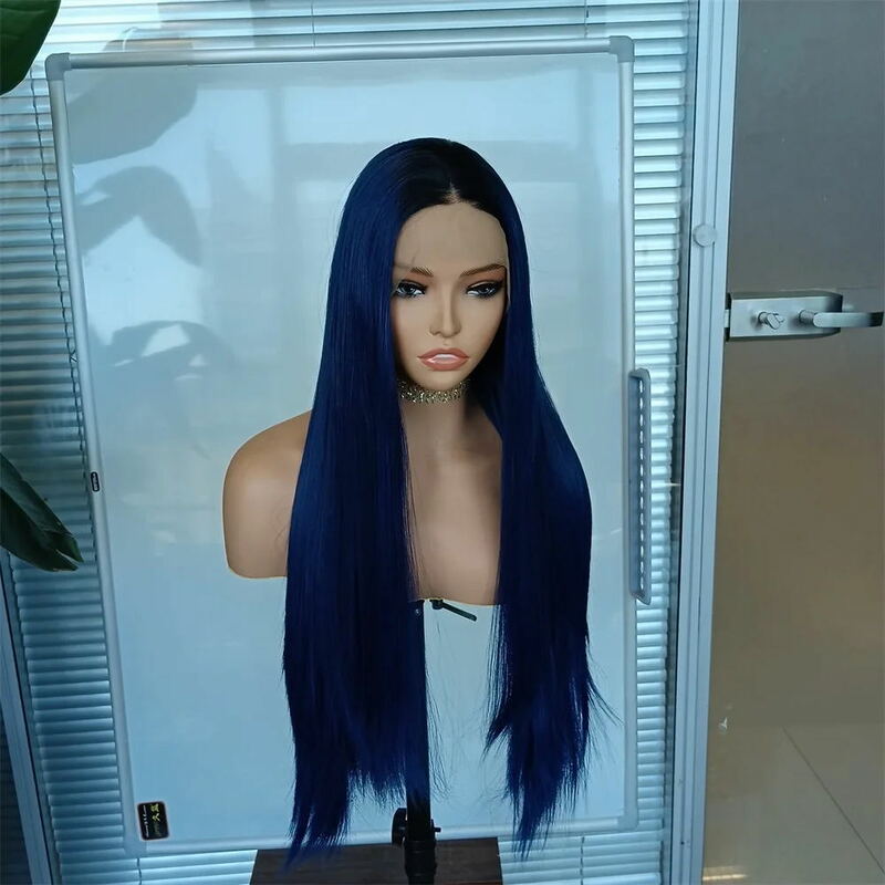 Diniwigs-Peruca dianteira do laço azul escuro para mulheres, peruca reta sedosa longa, raízes escuras, peruca sintética ombre, cabelo de fibra térmica