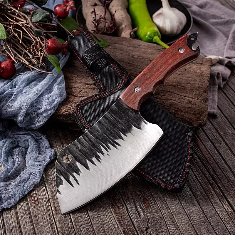 Cuchillos de cocina forjados, cuchillo de carne de acero inoxidable, cuchillo de carnicero, cuchillos de deshuesado para cocina, cuchillo de Chef, herramientas de barbacoa con cubierta