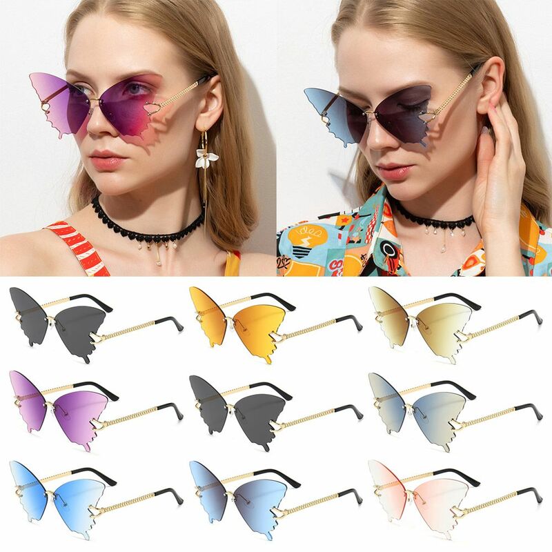 Gafas de sol de mariposa con montura de Metal para mujer, anteojos Vintage sin montura, protección UV400, Y2K, gradiente de gran tamaño