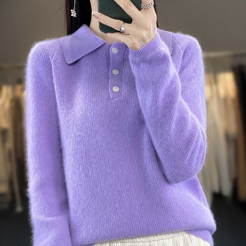 2024 Autumn/Winter New 100% Mink Fleece Polo Collar Women's Fashion Solid Color Loose Pullover Knitted Warm Long sleeved Top