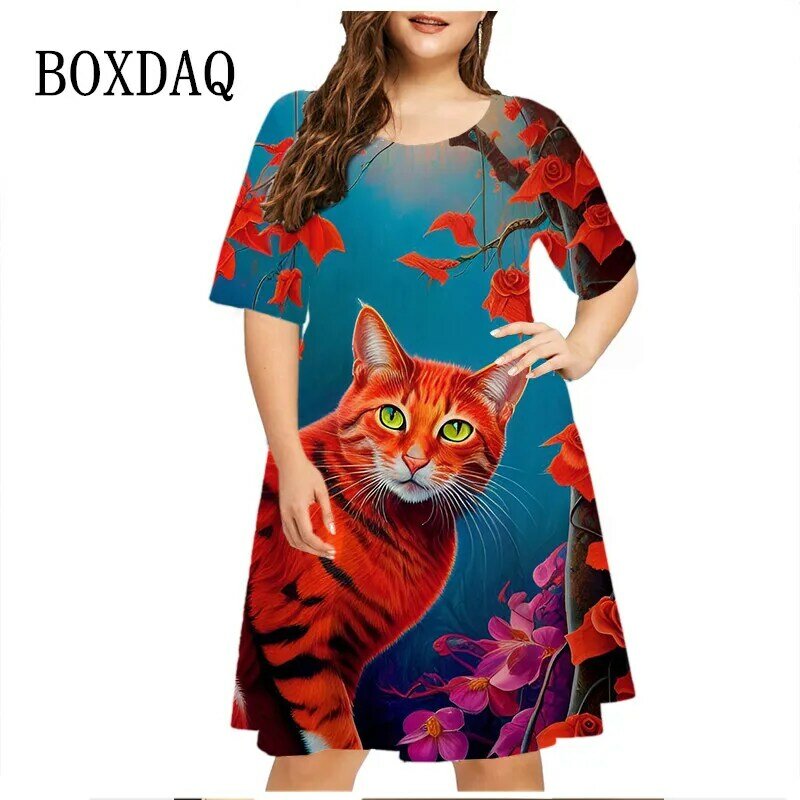 Robe d'été classique à motif de chat pour femmes, vêtements Hipster de rue, robe à manches courtes, grande taille, robe imprimée décontractée, mode