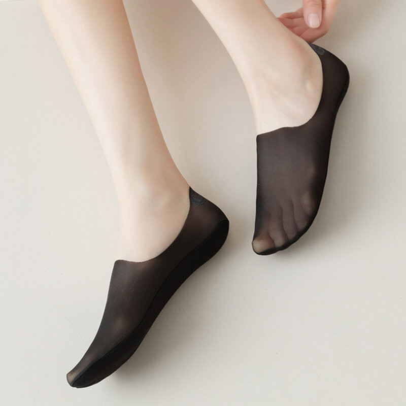 ถุงเท้าแบบมองไม่เห็นสำหรับผู้หญิง5คู่, ถุงเท้าซิลิโคนกันลื่นระบายอากาศบางเฉียบรองเท้าแตะถุงเท้าคุณภาพสูงยืดหยุ่นผ้าไหมน้ำแข็งต่ำ