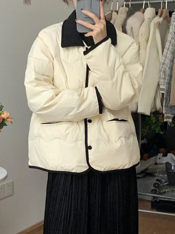 Пуховик женский с хлопковой подкладкой, модная повседневная теплая куртка в Корейском стиле, с длинным рукавом и отложным воротником, на осень-зиму