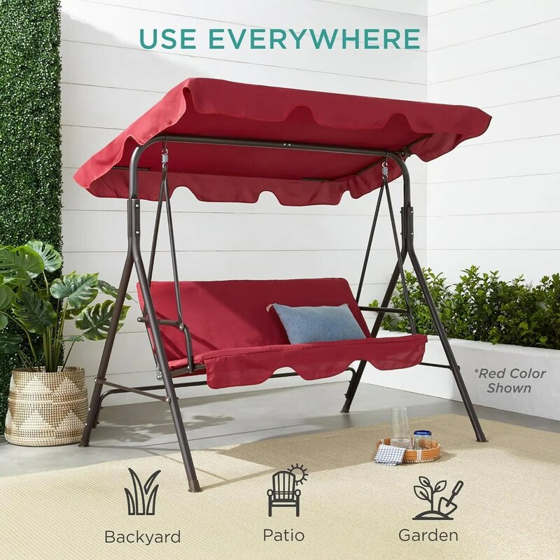 Outdoor Patio Swing Chair, Hanging Glider Porch Bench for Garden, Poolside, Backyard w/Convertible Canopy, Adjustable Shade