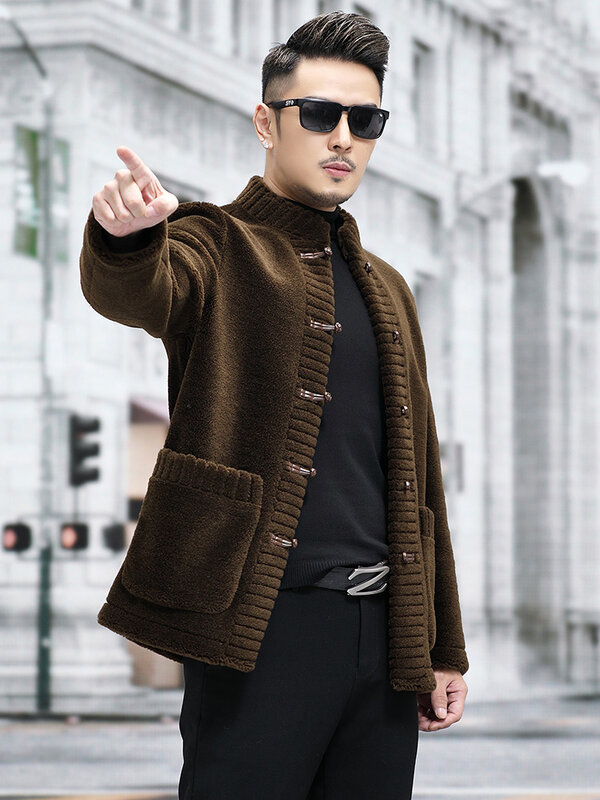 Модное мужское теплое пальто из овчины 2023, мужская верхняя одежда с воротником-стойкой из натурального меха, мужские Куртки из натуральной шерсти, P513