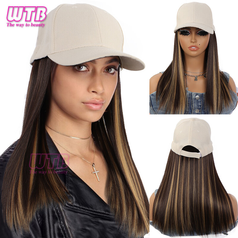 WTB topi bisbol wig sintetis, topi Wig rambut lurus panjang untuk wanita, topi penyambung satu buah dapat disesuaikan