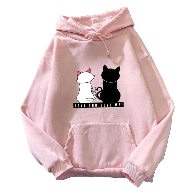 Women Printed Hoodie Cartoon Cat Print Plush Hoodie Cozy Unisex Pullover with Drawstring Elastic Cuffs Patch for Fall/winter