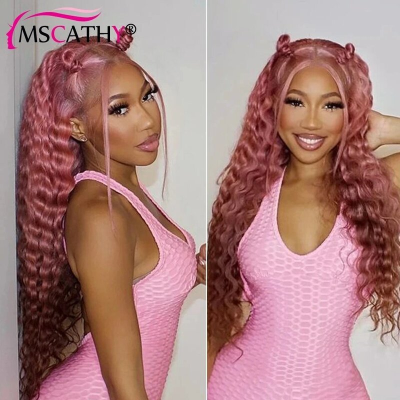 Pelucas frontales de encaje rosa para mujer, cabello humano rizado de onda profunda, cabello humano virgen brasileño, peluca frontal de encaje transparente HD para Cosplay