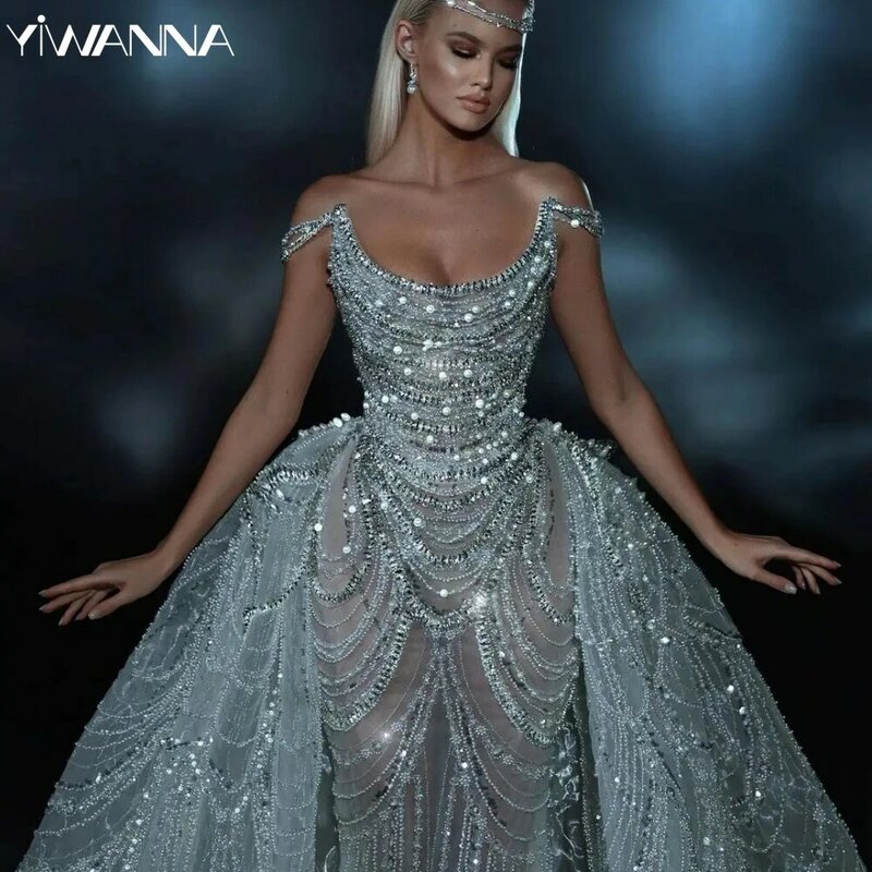 Pełna wdzięku z ramienia suknia ślubna świecące koraliki perły suknia ślubna 2024 luksusowa syrenka długa suknia panny młodej Vestido De Novia