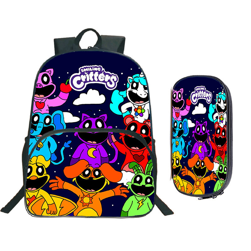 Zaino leggero con Critters sorridenti stampa zainetto Cosplay 2 pezzi borse da viaggio ragazzi ragazze Anime School Bags Laptop Bookbag