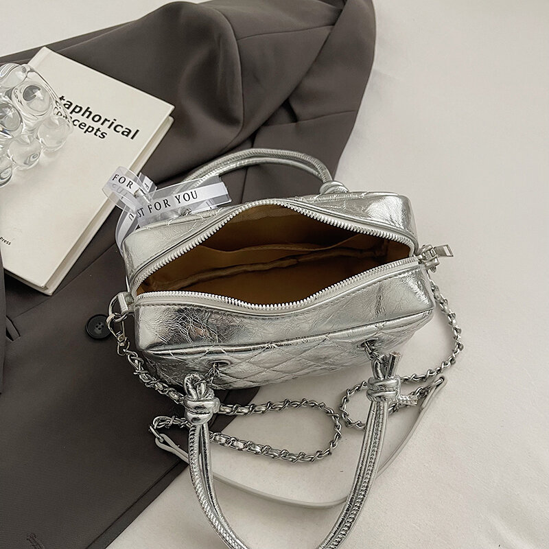 Pequeño bolso de hombro plateado para mujer, bolso cruzado de cuero PU con patrón Lingge, bolso de diseñador de marca y monedero versátil