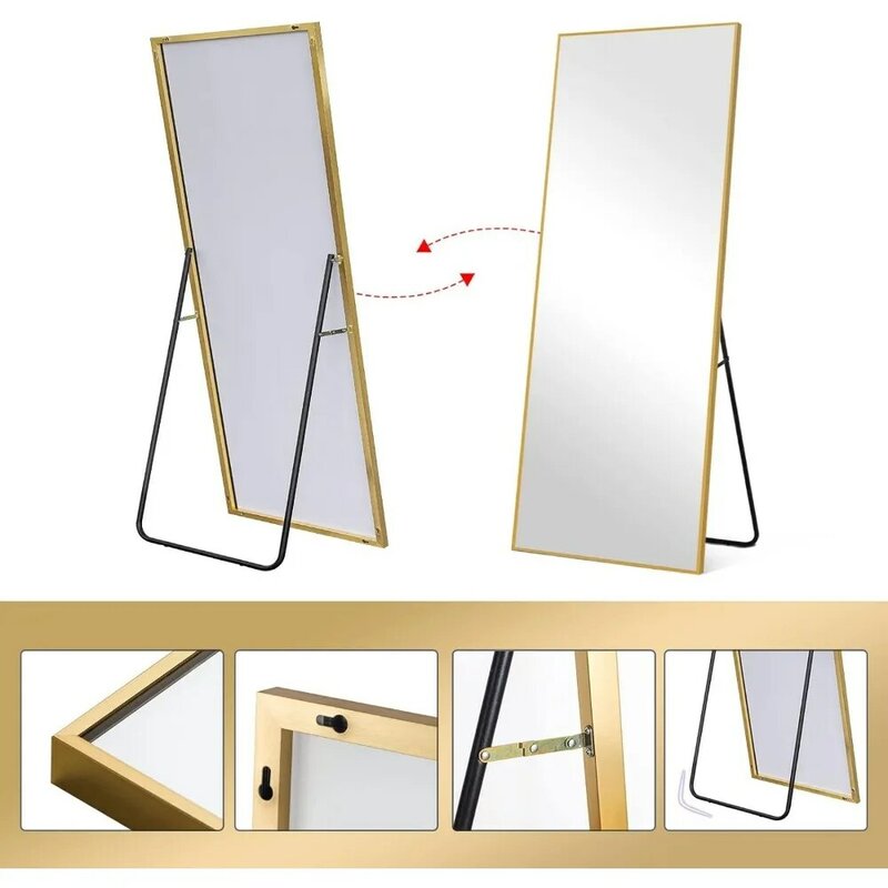 Espelho completo do corpo, quadro da liga de alumínio, espelho do assoalho, com suporte, pode ser independente, fixado na parede, ou contra a parede