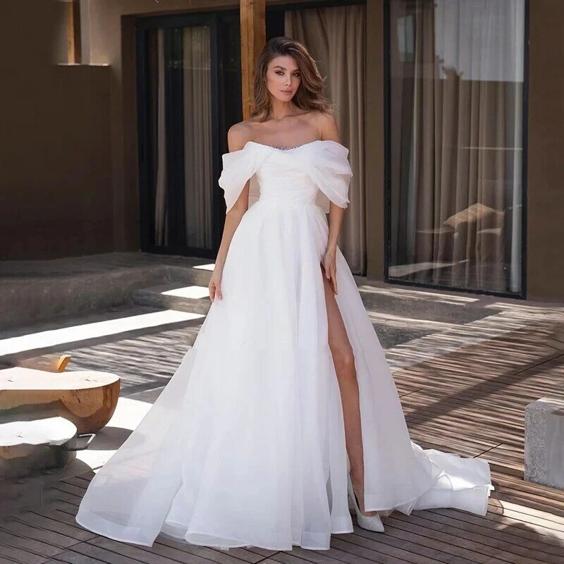 Gaun pernikahan A-Line tanpa tali gaun pengantin belahan sisi bahu gaun pengantin gaun pengantin buatan khusus Robe De Elegant Robe De