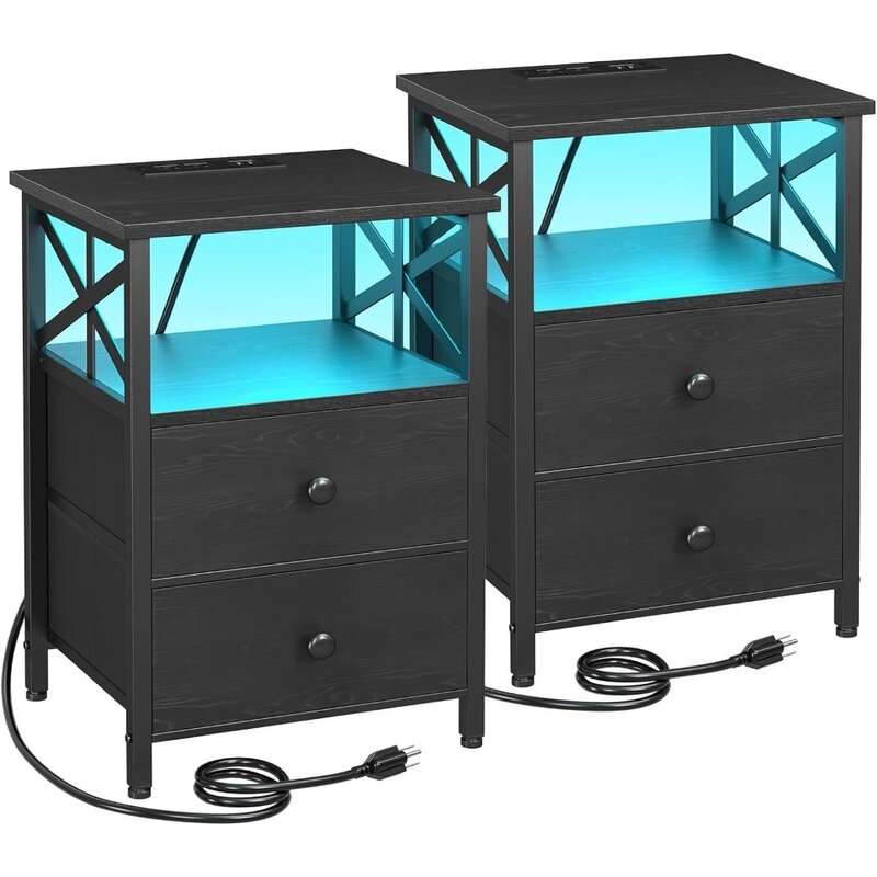 Zestaw szafek nocnych 2, 2-częściowy zestaw szafek nocnych LED do sypialni z portami USB i gniazdami, stolik boczny z 2 szufladami do salonu, czarny