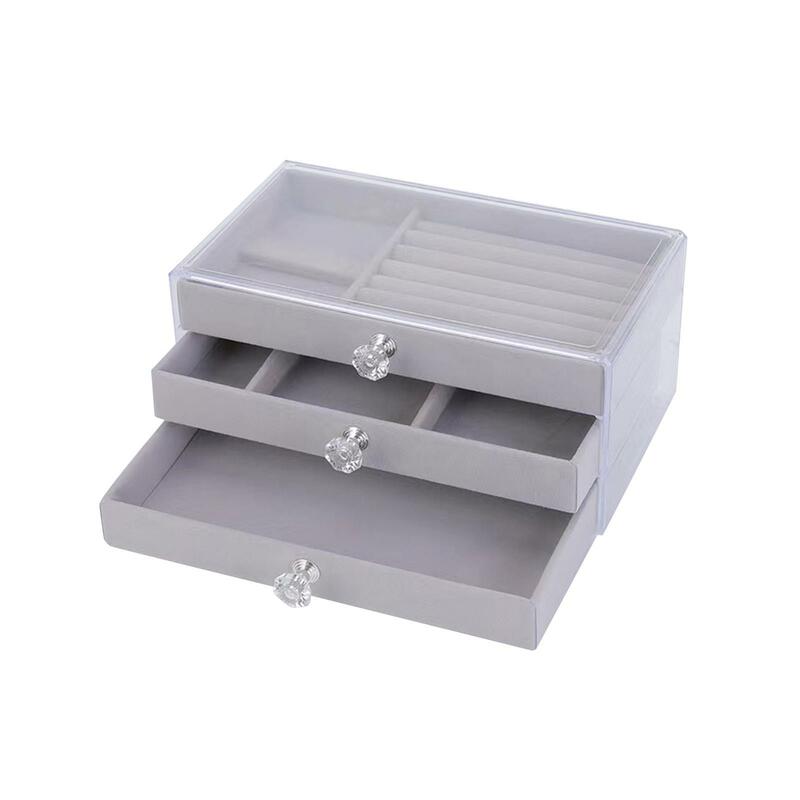 Jewelry Storage Box with 3 Drawers Jewelry Organizer for Rings Earrings Flocking Lining Drawers Trays Clear Exterior 9x5.3x4inch