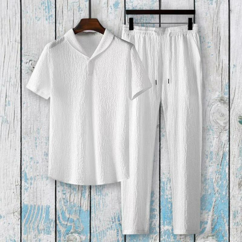 Simple Casual Outfit Quick Drying Shirt Trousers Set Wide Leg Men Short Sleeve Top Long Trousers Set Elastic Waistband