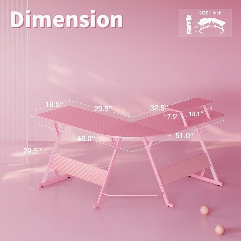 Розовый игровой стол L-образной формы, 51-дюймовый игровой стол с текстурой из углеродного волокна, угловой компьютерный стол L-образной формы