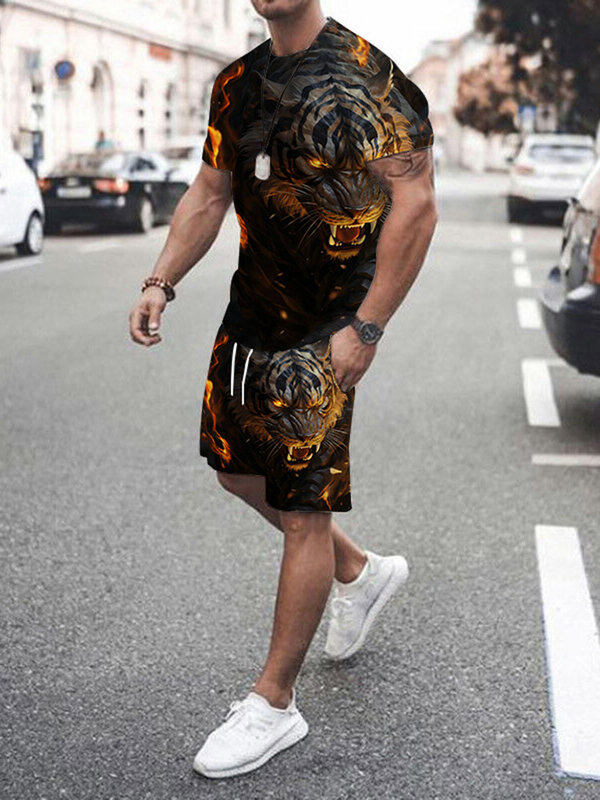 남자 세트 여름 거리 매일 캐주얼 남성 짧은 소매 티셔츠 야외 스포츠 느슨하고 편안한 반바지 3D 동물 인쇄
