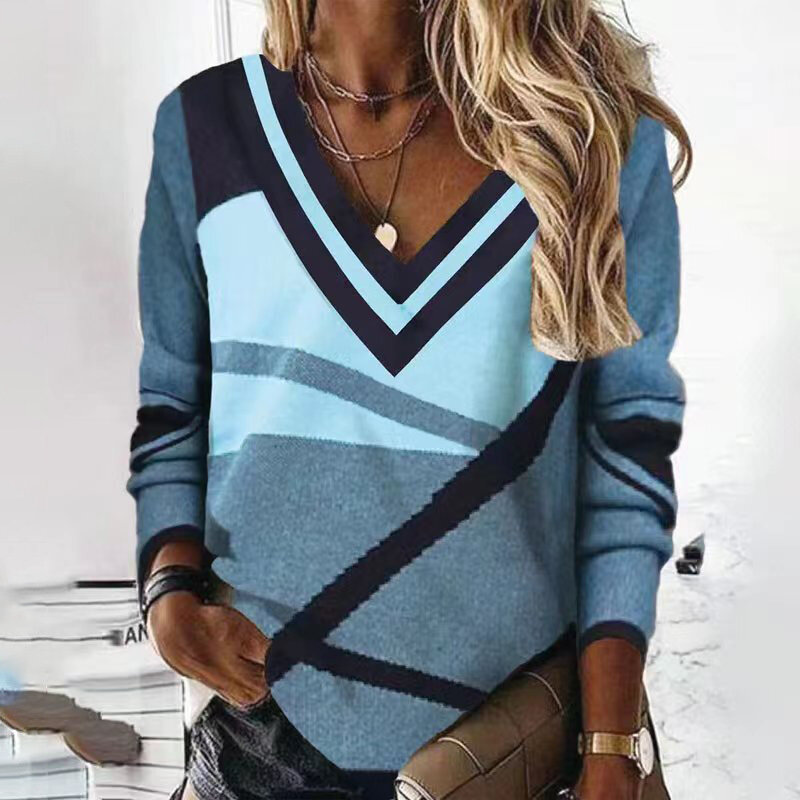Swetry damskie 2023 nowe swetry z długim rękawem w serek nadruk geometryczny moda luźna, prosta, elegancka ubrania damskie do dojazdów do pracy