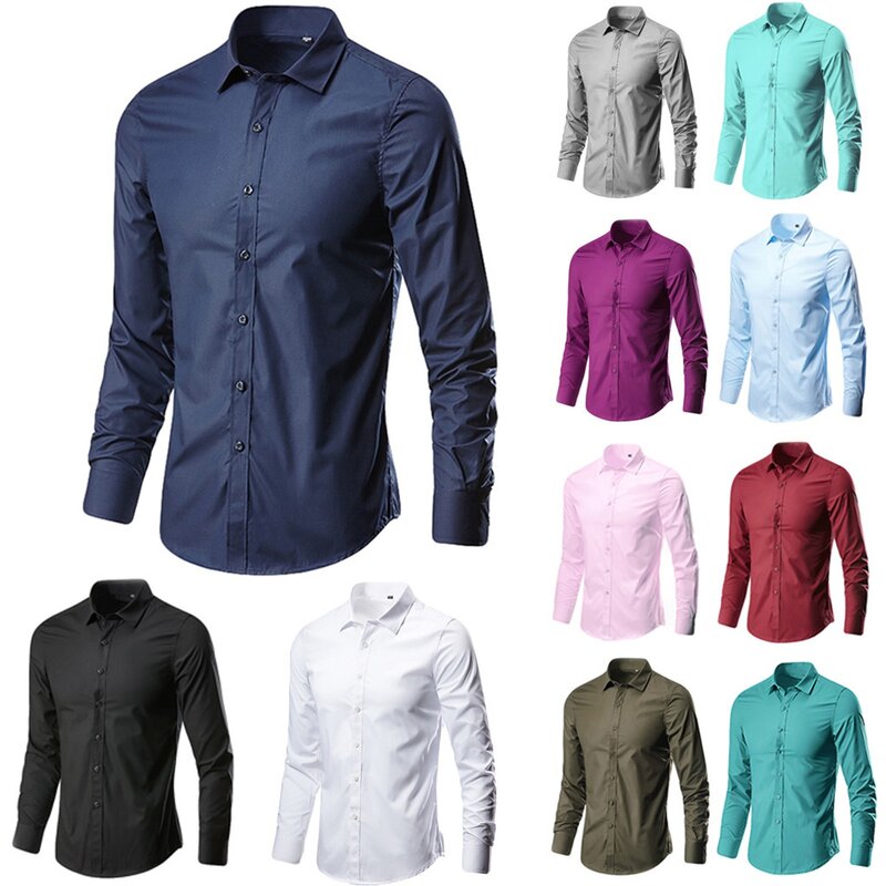 2023 남성 단색 드레스 셔츠, 긴팔 슬림 핏 비즈니스 캐주얼 셔츠, 남성 하와이안 셔츠, 슈미즈 옴므