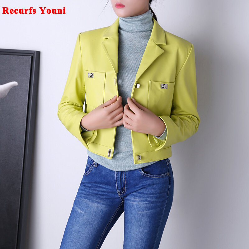 Women Clothes Winter Female Genuine Leather Coat Korean Fashion Casual Long Sleeve Metal Lock Buckle Versatile Pink Short Jacket