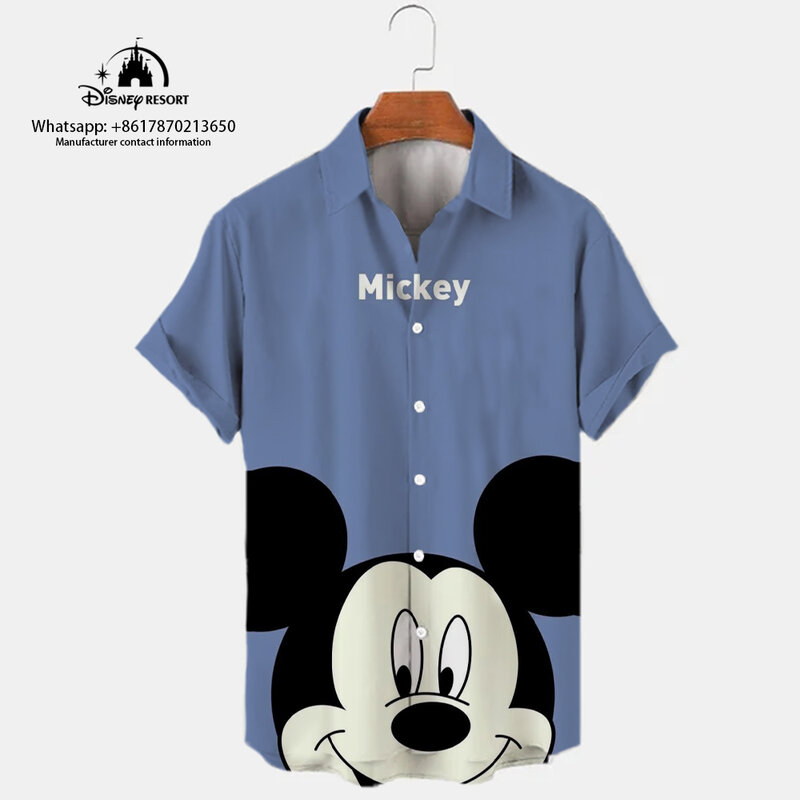 Baju lengan pendek kartun Mickey Minnie, baju lengan pendek 2K, kerah Lapel, motif 3D, kancing sebaris, gaya jalanan, modis, 2024