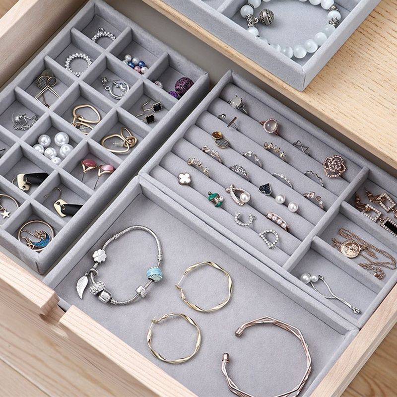 Velvet Jewelry Tray Drawer Storage Display Box Drawer Case Jewelry Holder Portable Ring Earrings Necklace Organizer Box Gift Box
