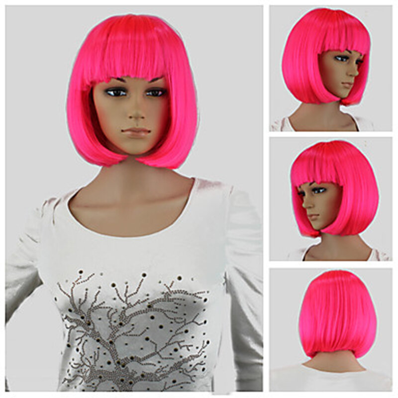 HAIRJOY Capless Fashion Short Straight BOB Light Pink Synthetic Wig with Full Bang