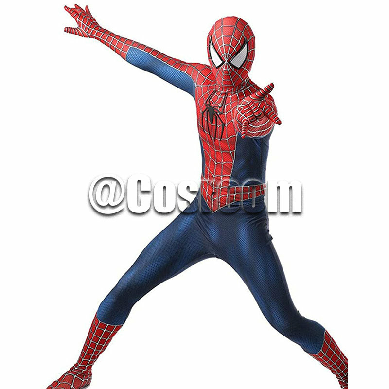Kostum Tobey Maguire Spiderman Hitam/Merah Raimi Spider Man Cosplay Superhero Zentai Suit Kostum Halloween untuk Dewasa/Anak-anak