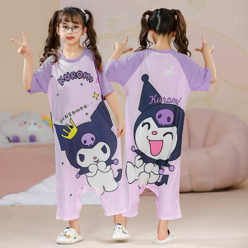 Sanrios Children's Pajamas Kawaii Hello Kittys Kuromi Cinnamoroll Girl Ice Silk Short Sleeve Nightgown Cute Home Wear Sleepwear