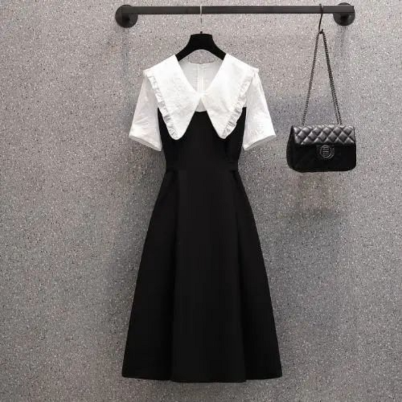 New Korean Version of Spring and Summer with a Slim Waist Super Fairy Sweet and Fake Two-piece Doll Neck Dress