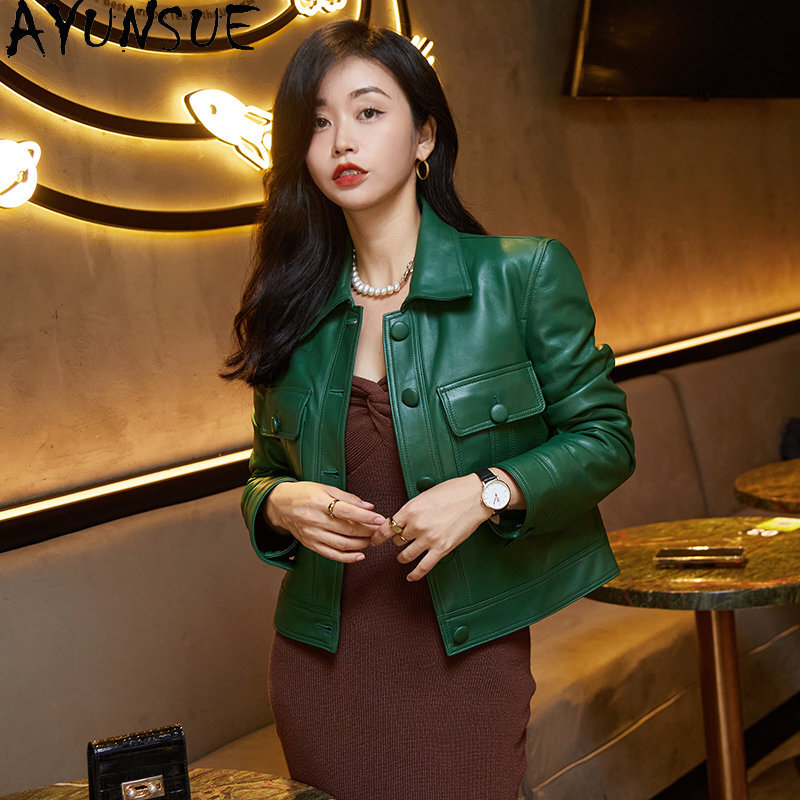 AYUNSUE Real Leather Jacket for Women 2023 Short Slim Leather Jackets Woman Genuine Sheepskin Coat Green Biker Coats chaquetas