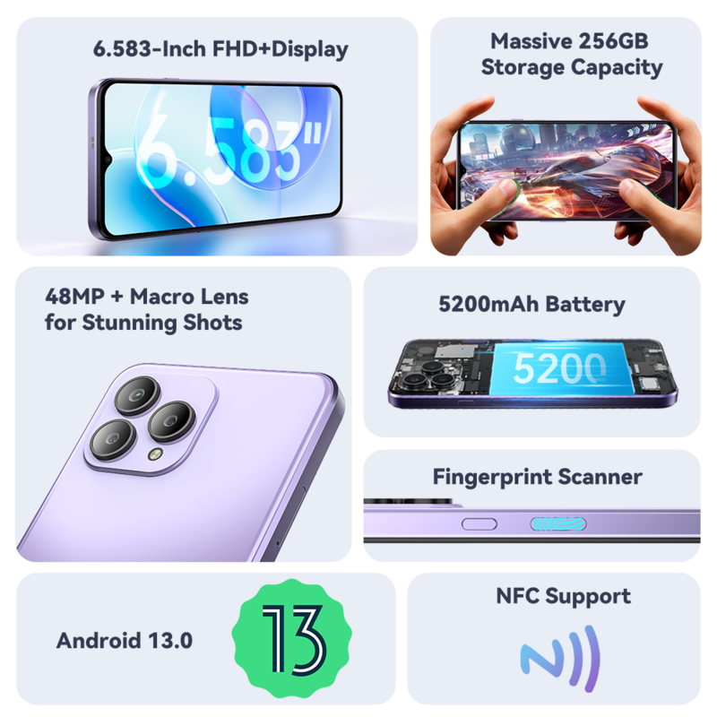 Cubot-P80 Smartphone Versão Global, Celular, NFC, Câmera de 48MP, Android 13, Bateria 5200mAh, 6.583 ", FHD + Tela, 8GB + 256GB