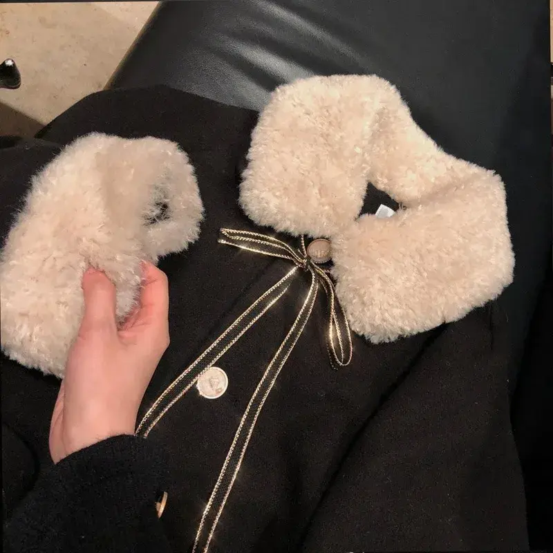 Chaqueta de lana con Cuello de piel y lazo para mujer, abrigo cálido de manga larga, engrosado, dulce y lindo, nueva moda de invierno, 2021