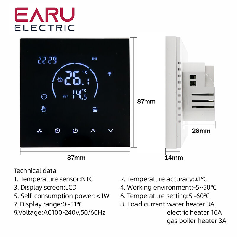 واي فاي ترموستات تحكم في درجة الحرارة ، التدفئة الكهربائية الكلمة ، شاشة LCD رقمية ، الحائط ، تويا ، TRV ، التيار المتناوب 100 فولت-240 فولت ، 3A ، 16A