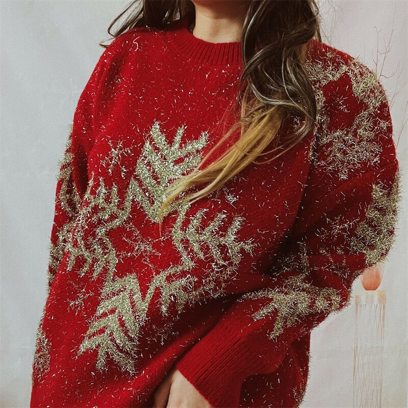 Sweater wanita motif Natal, Sweater kasual lengan panjang leher O, Pullover longgar, Sweater wanita perca, busana musim gugur 2022