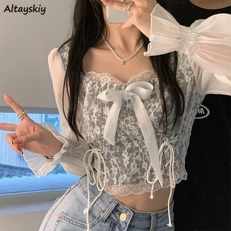Blouses Women Floral Spliced Design Sweet Lovely Square Collar Chiffon Thin High Quality Slim Preppy Korean Style Summer Fashion