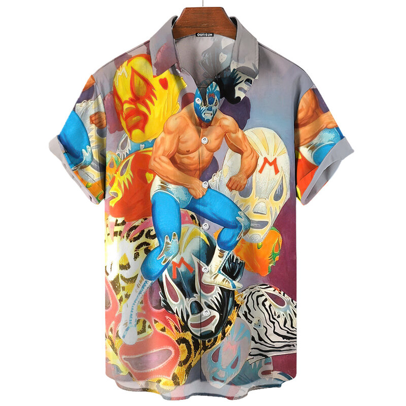 Camisa masculina de luta mexicana 3D estampada, roupa masculina vintage, camisa larga de grandes dimensões, mangas curtas, moda casual, alta qualidade