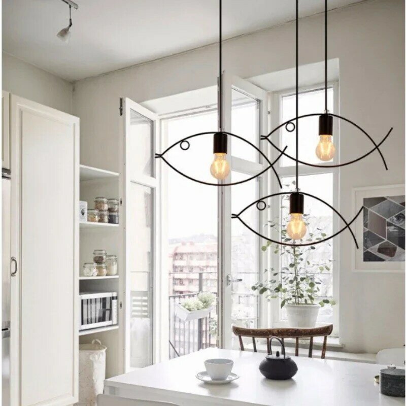 Modern Minimalist Fish Shape Pendant Lamp Kitchen Geometric Pendant Lamp Nordic Style Home Lighting Fixtures Retro Iron Lamp
