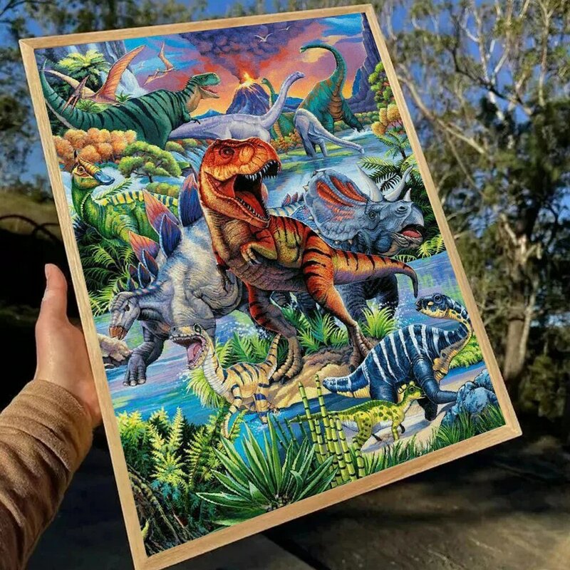 Cartoon Dinosaur Art 5D Full Round Diamond Painting Kits Funny Tyrannosaur Diplodocus DIY Drills Mosaic Embroidery Cross-stitch