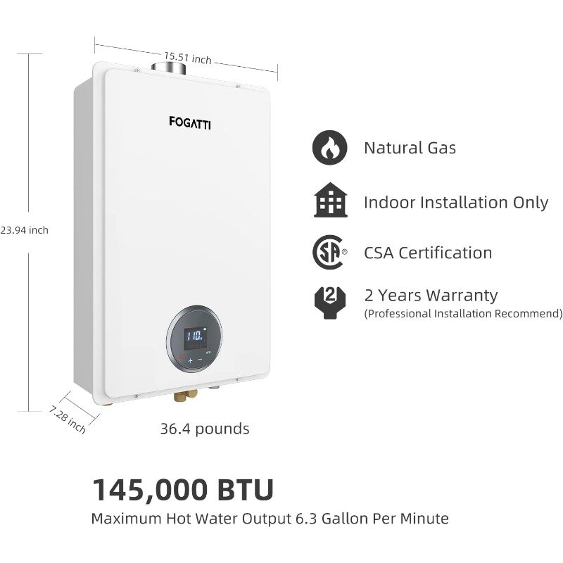 Natural Gas Tankless Water Heater, Indoor 6.3 GPM, 145,000 BTU White Instant Hot Water Heater, InstaGas Comfort 145 Series