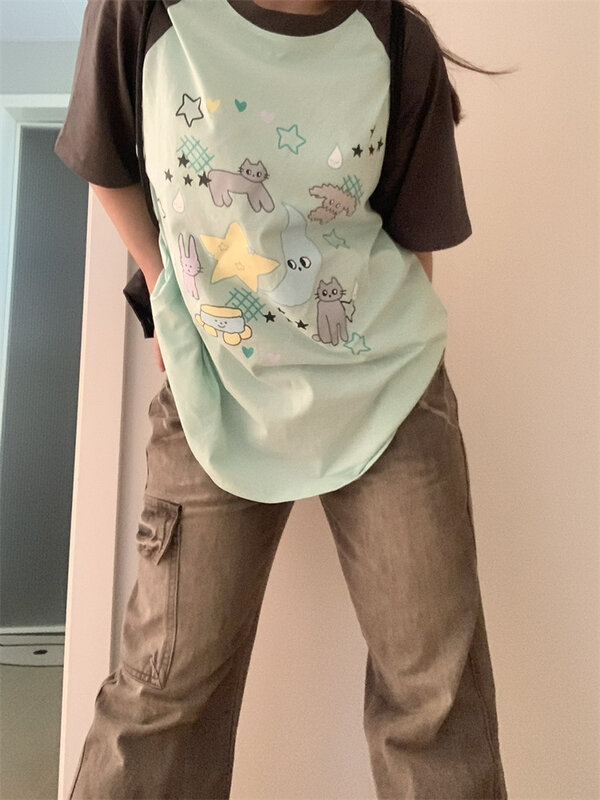 Deeptown-女性の日本のスタイルのTシャツ、原宿カワイイアニメTシャツ、特大の韓国のかわいい柔らかなガーリーパッチワークトップ、夏、y2k