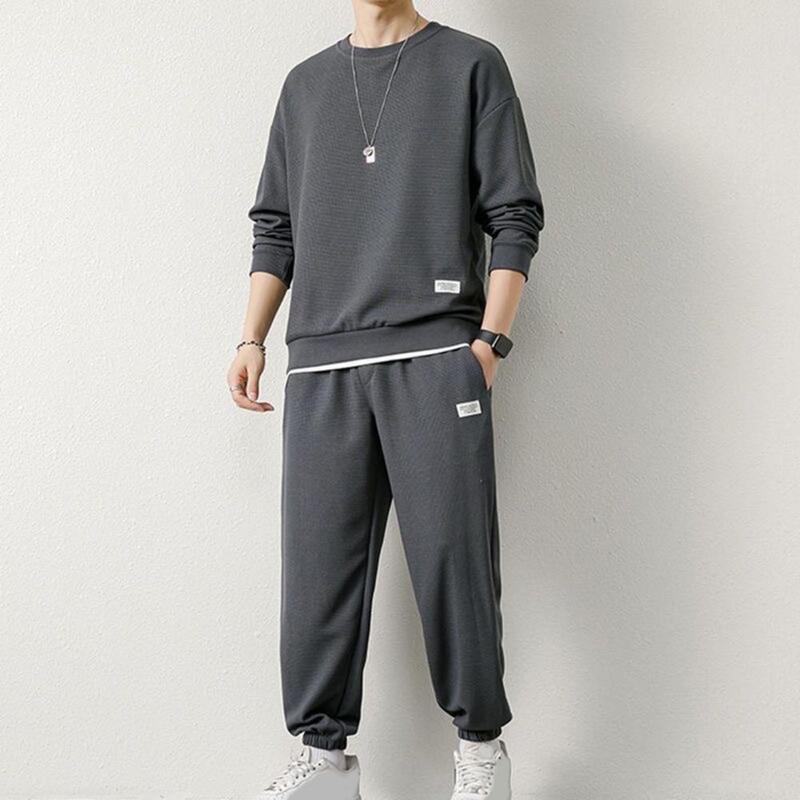 Spring Autumn Tops Pants Set Men's Waffle Texture O-neck Long Sleeve Top Elastic Waist Sweatpants Set with Pockets for Spring