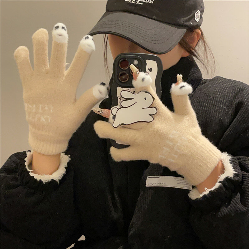 Panda bonito das mulheres Mink dedo luvas, Touch Screen luvas, Fluff menina, sem dedos, windproof, exterior malha luvas macias, lã, quente