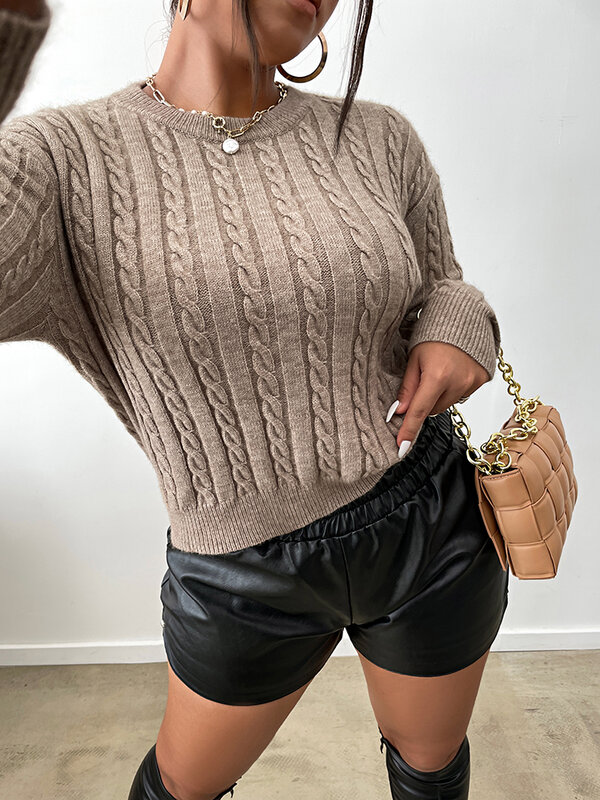 ONELINK Plus Size Women Sweater Light Coffee Brown Short Pullover O Neck 3XL Oversize Cable Pattern Knitting 2022 Autumn Winter