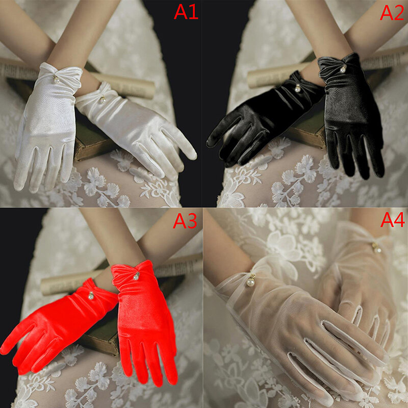 1Pair Women Wedding Bridal Short Gloves Satin Full Finger Wrist Length Costume Prom Party Gloves