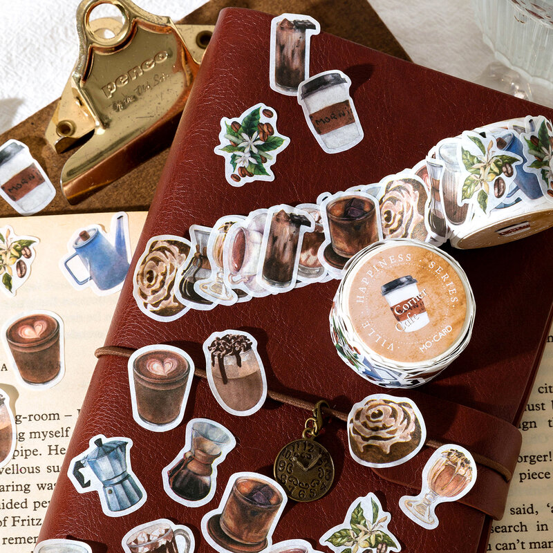 Card Lover 100 Pcs [Happy Town Series] Vintage Coffee Journal Stickers Washi Paper Paper Scrapbooking Material Scrapbook Kit