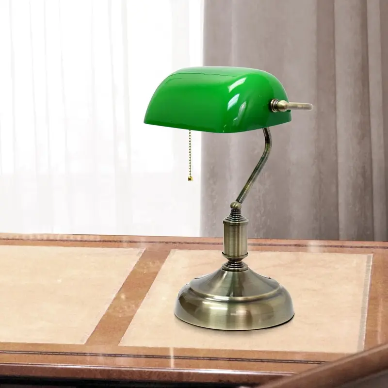 Lampe de bureau Bankers en verre vert antique, lampe de table vintage, décor de table de chevet, vitrail